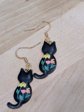 Black Cat Floral Drop Earrings